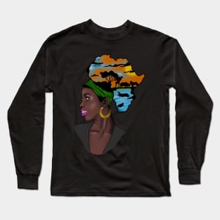 African Woman with Africa Map Long Sleeve T-Shirt